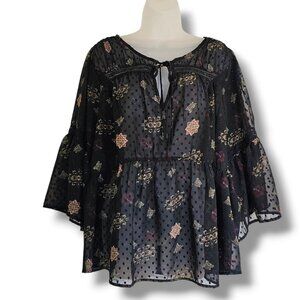 Lucky Brand Peasant Blouse Size 1X Black Sheer Floral Bell Sleeve Swiss Dot